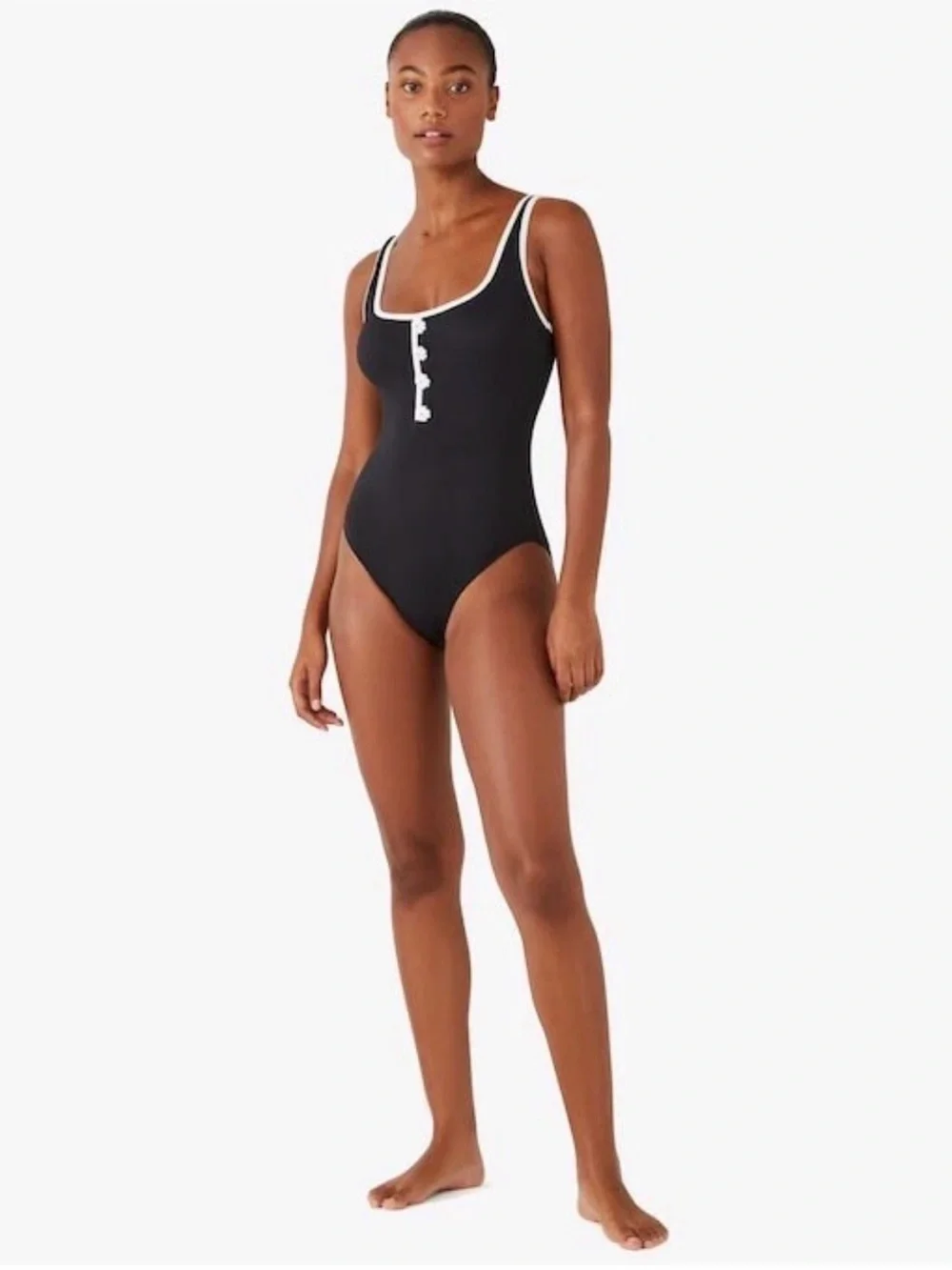 NWOT $200 KATE SPADE Women S Black One-Piece Swimsuit White Trim Button Placket